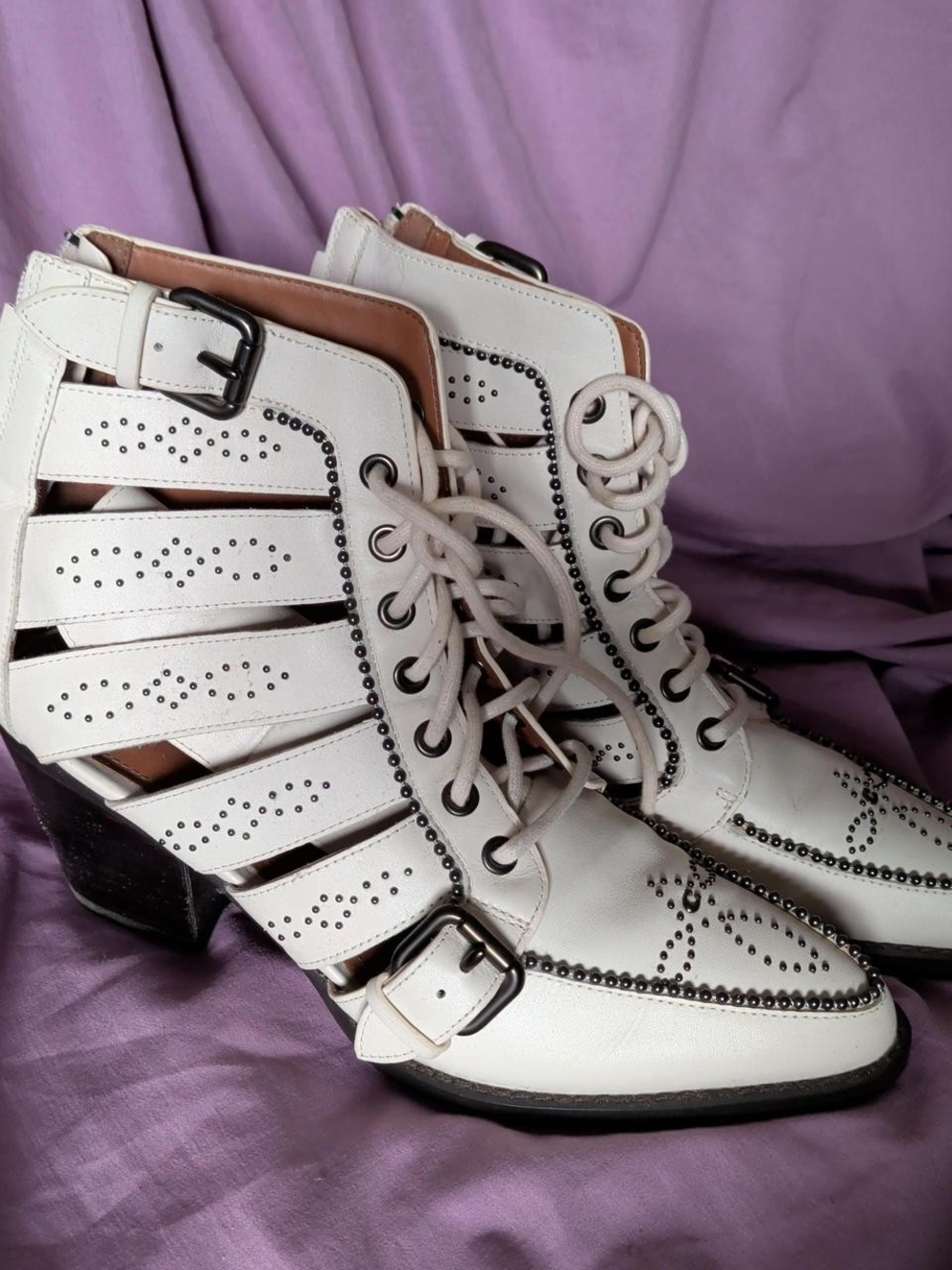 Coach White Studded Lace-Up Cutout Ankle Boots